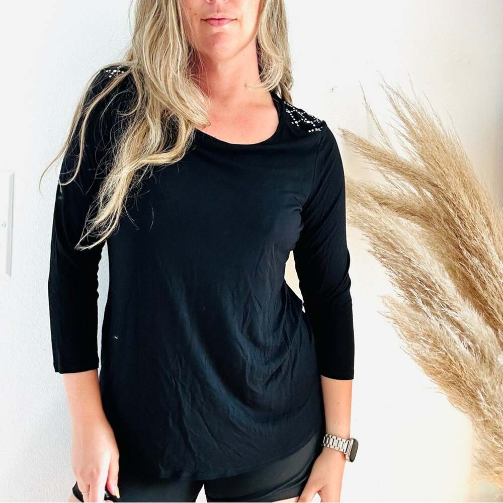 PHILOSOPHY Black Silver Beaded Sequin Shoulder 3/4 Shirt Tunic Top Blouse 1X